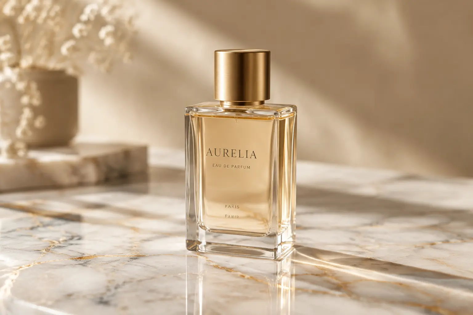 نمونه خروجی عکس محصول بطری عطر روی سطح مرمر با نور نرم، ساخته‌شده با هوش مصنوعی